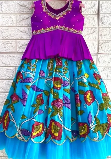 Blue Color Faux Georgette Chinon Silk Printed Kids Lehenga Choli