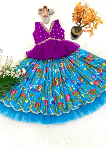 Blue Color Faux Georgette Chinon Silk Printed Kids Lehenga Choli
