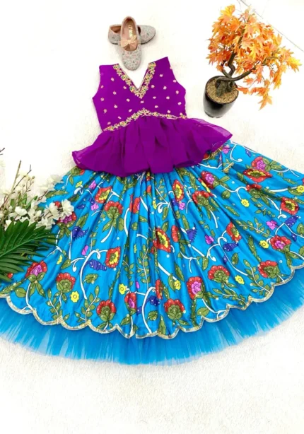 Blue Color Faux Georgette Chinon Silk Printed Kids Lehenga Choli