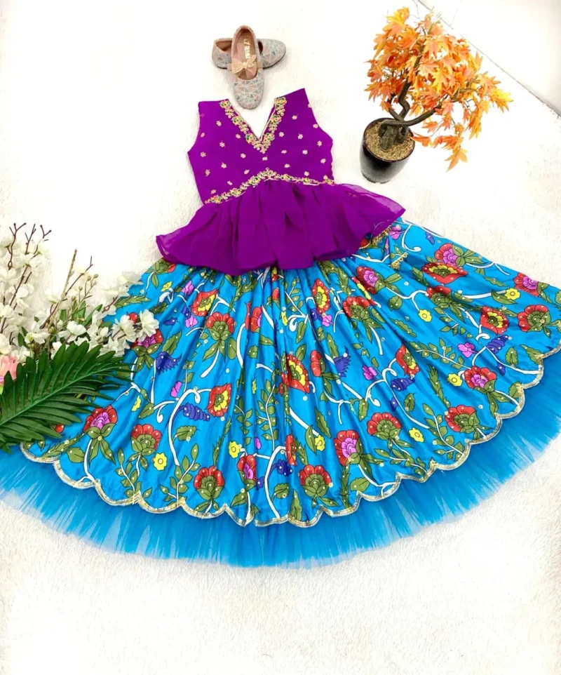 Blue Color Faux Georgette Chinon Silk Printed Kids Lehenga Choli