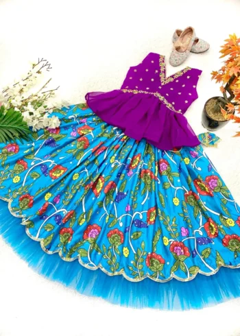 Blue Color Faux Georgette Chinon Silk Printed Kids Lehenga Choli