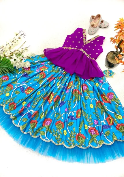 Blue Color Faux Georgette Chinon Silk Printed Kids Lehenga Choli