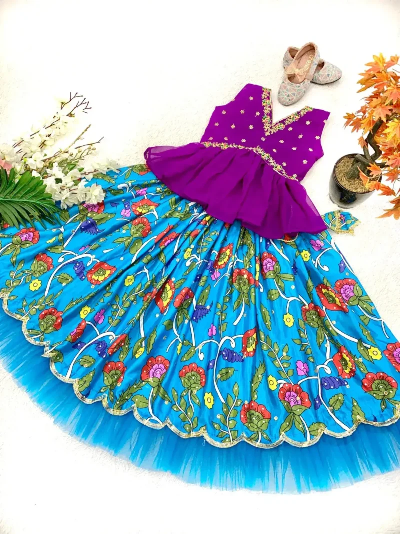 Blue Color Faux Georgette Chinon Silk Printed Kids Lehenga Choli