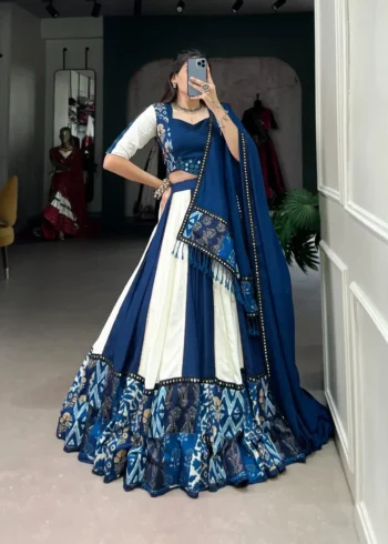 Blue Color Pure Rayon Plain And Printed Paper Mirror Work Festival Lehenga Choli