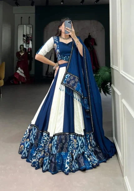 Blue Color Pure Rayon Plain And Printed Paper Mirror Work Festival Lehenga Choli