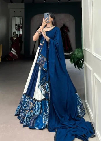 Blue Color Pure Rayon Plain And Printed Paper Mirror Work Festival Lehenga Choli
