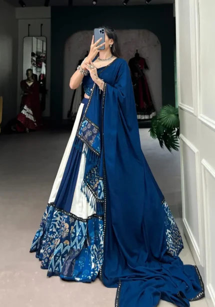 Blue Color Pure Rayon Plain And Printed Paper Mirror Work Festival Lehenga Choli