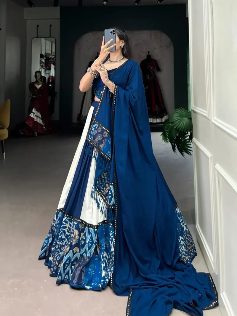 Blue Color Pure Rayon Plain And Printed Paper Mirror Work Festival Lehenga Choli