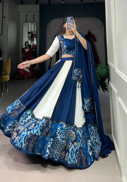 Blue Color Pure Rayon Plain And Printed Paper Mirror Work Festival Lehenga Choli