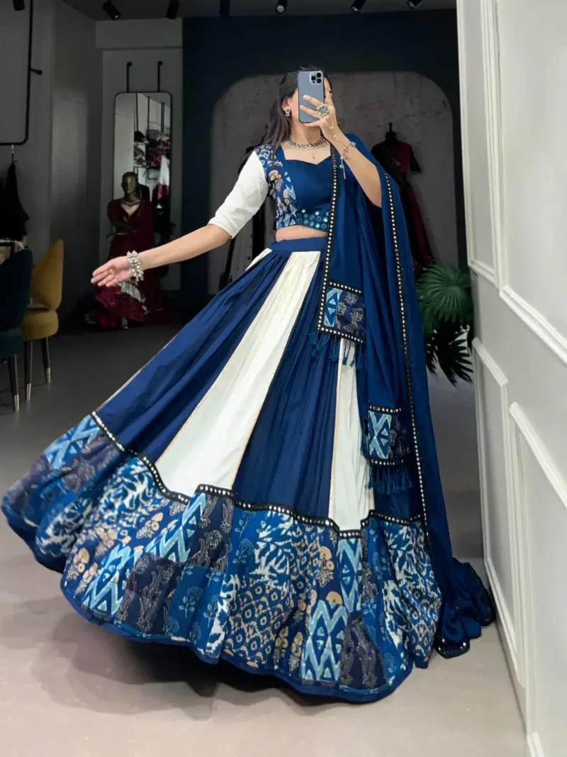 Blue Color Pure Rayon Plain And Printed Paper Mirror Work Festival Lehenga Choli