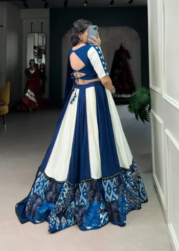 Blue Color Pure Rayon Plain And Printed Paper Mirror Work Festival Lehenga Choli