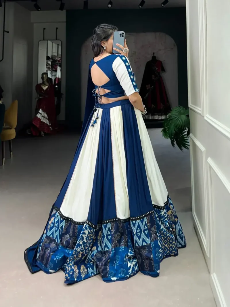 Blue Color Pure Rayon Plain And Printed Paper Mirror Work Festival Lehenga Choli