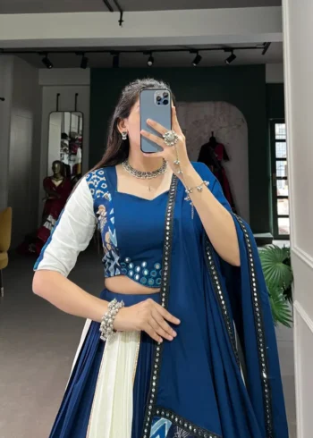 Blue Color Pure Rayon Plain And Printed Paper Mirror Work Festival Lehenga Choli