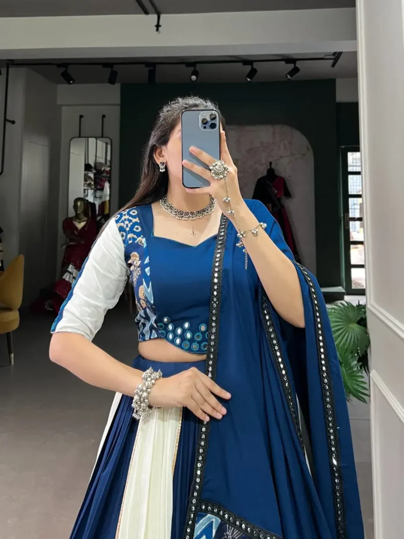 Blue Color Pure Rayon Plain And Printed Paper Mirror Work Festival Lehenga Choli