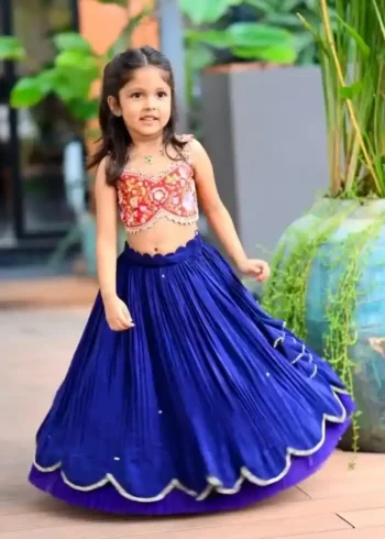 Blue Faux Georgette Embroidered Kids Lehenga for party