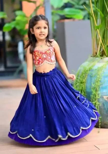 Blue Faux Georgette Embroidered Kids Lehenga for party