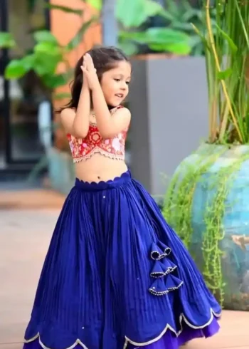 Blue Faux Georgette Embroidered Kids Lehenga for party