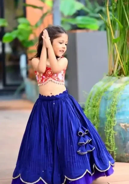 Blue Faux Georgette Embroidered Kids Lehenga for party