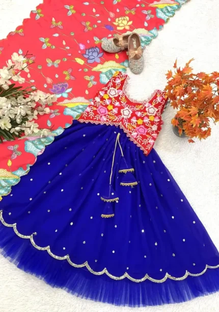 Blue Faux Georgette Embroidered Kids Lehenga for party