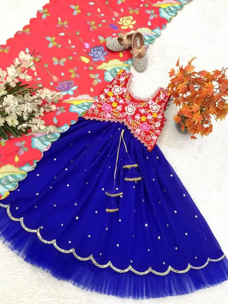 Blue Faux Georgette Embroidered Kids Lehenga for party