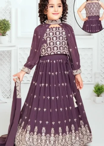 Brown Color Sequins Embroidered Stylish Partywear Kids Lehenga