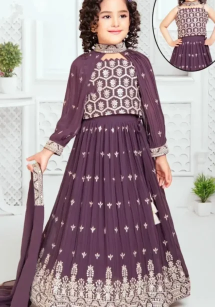 Brown Color Sequins Embroidered Stylish Partywear Kids Lehenga