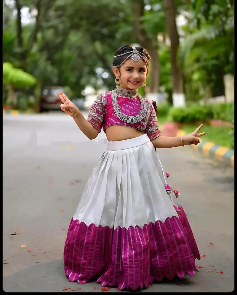Chelline Embroidered Sequins Cut Work Design South Indian Kids Lehenga