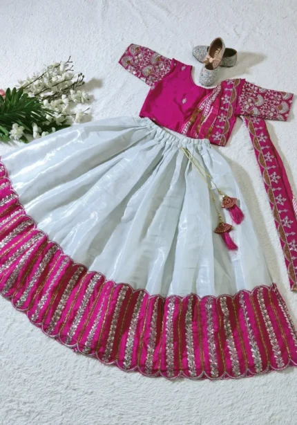 Chelline Embroidered Sequins Cut Work Design South Indian Kids Lehenga