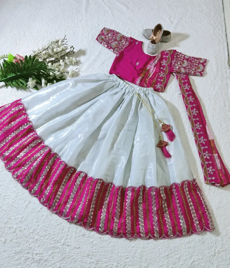 Chelline Embroidered Sequins Cut Work Design South Indian Kids Lehenga