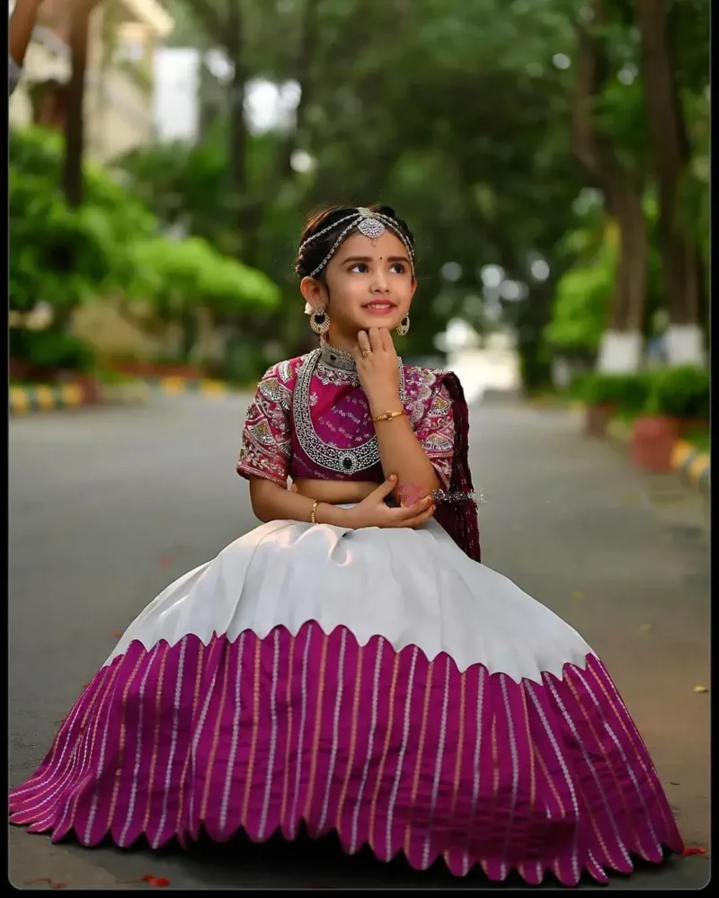 Chelline Embroidered Sequins Cut Work Design South Indian Kids Lehenga