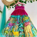 Chinon Silk Crush Work Kalam kari Printed Kids Lehenga
