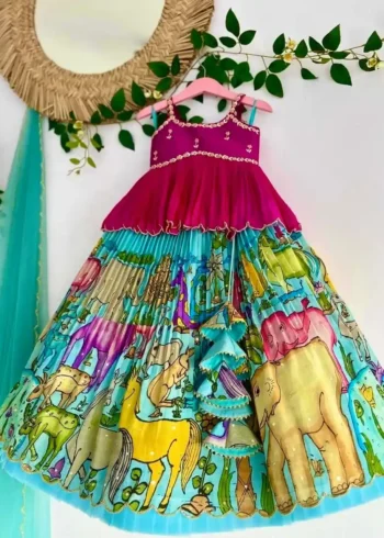 Chinon Silk Crush Work Kalam kari Printed Kids Lehenga