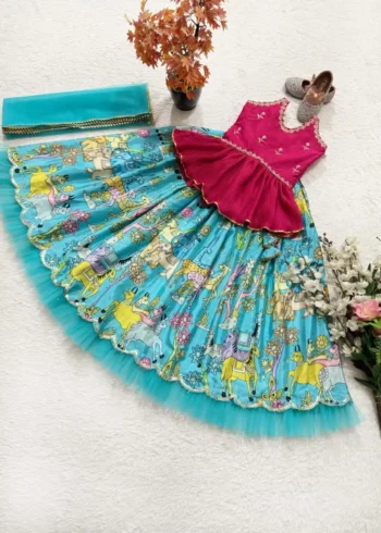 Chinon Silk Crush Work Kalam kari Printed Kids Lehenga