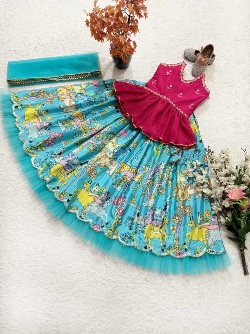 Chinon Silk Crush Work Kalam kari Printed Kids Lehenga