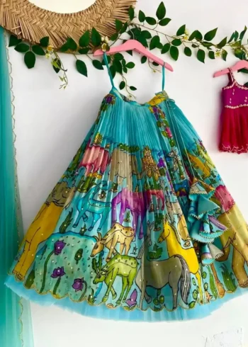 Chinon Silk Crush Work Kalam kari Printed Kids Lehenga