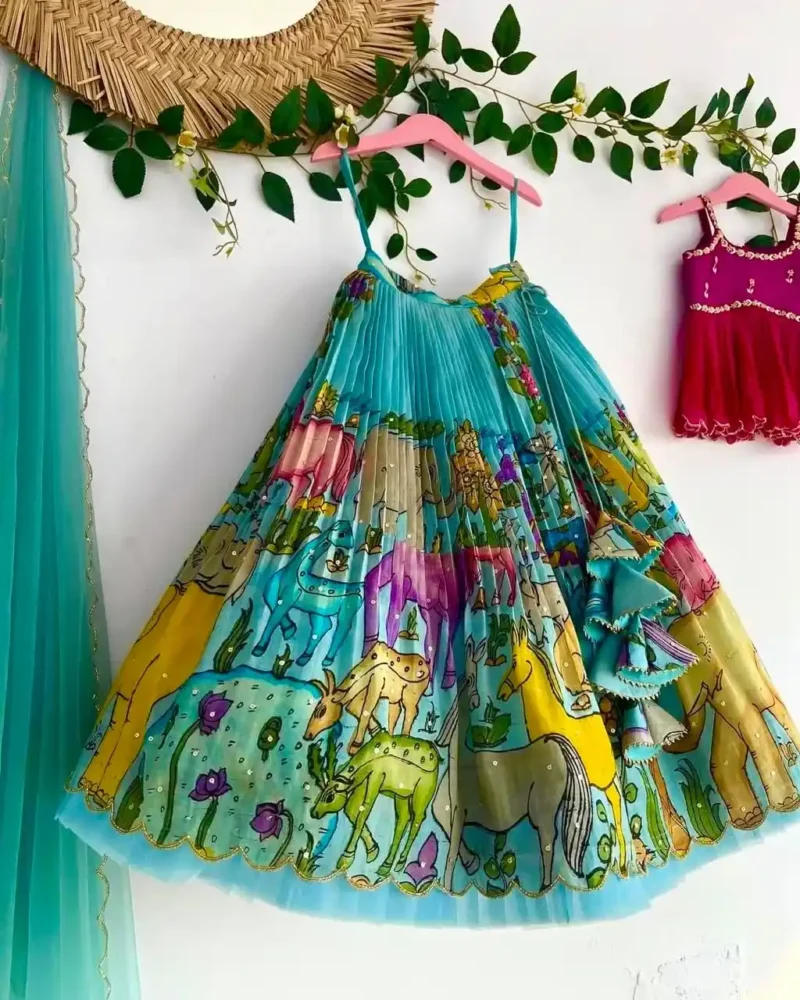 Chinon Silk Crush Work Kalam kari Printed Kids Lehenga