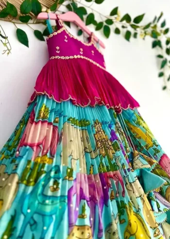 Chinon Silk Crush Work Kalam kari Printed Kids Lehenga