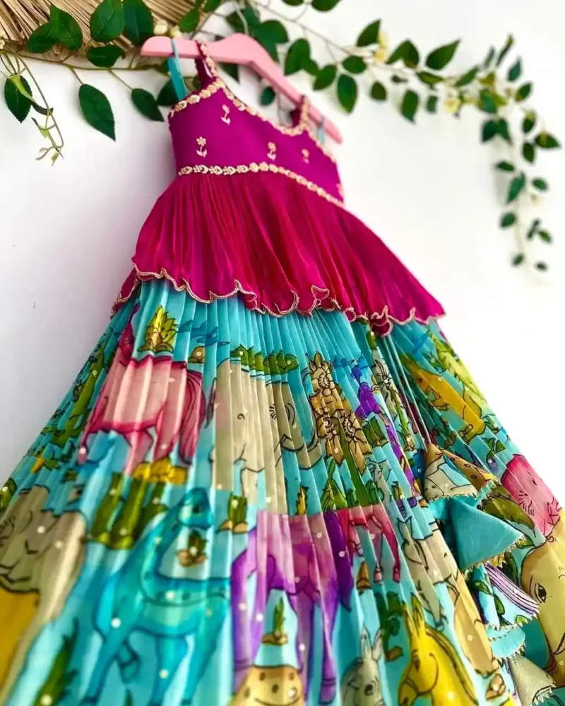 Chinon Silk Crush Work Kalam kari Printed Kids Lehenga