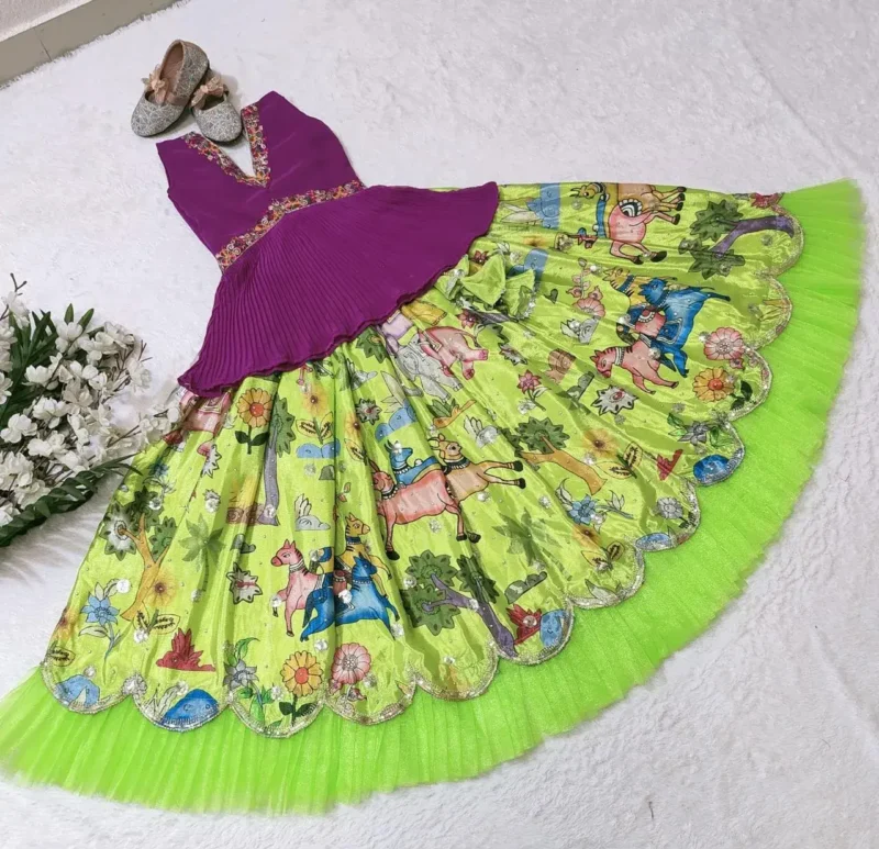 Chinon Silk Sequins Embroidered Kalamkari Lehenga for Kids Girls