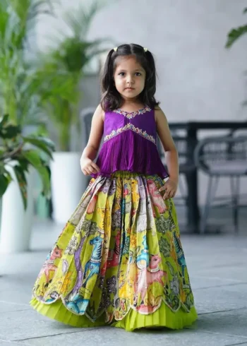 Chinon Silk Sequins Embroidered Kalamkari Lehenga for Kids Girls