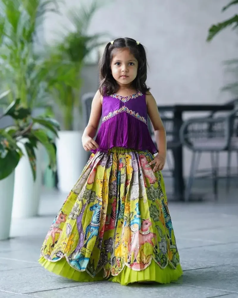 Chinon Silk Sequins Embroidered Kalamkari Lehenga for Kids Girls