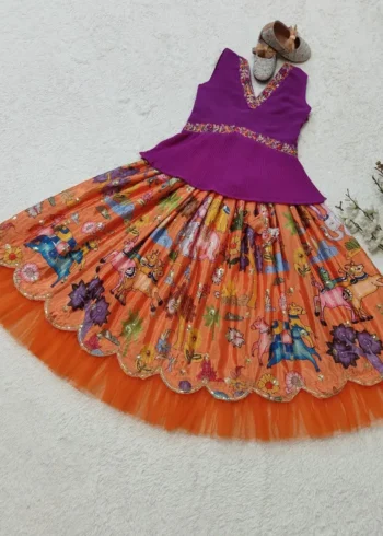 Chinon Silk Sequins Embroidered Kalamkari Lehenga for Kids Girls