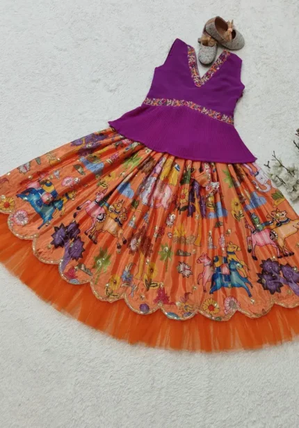 Chinon Silk Sequins Embroidered Kalamkari Lehenga for Kids Girls