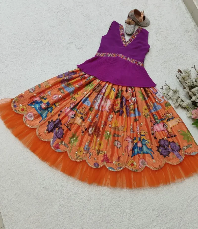 Chinon Silk Sequins Embroidered Kalamkari Lehenga for Kids Girls