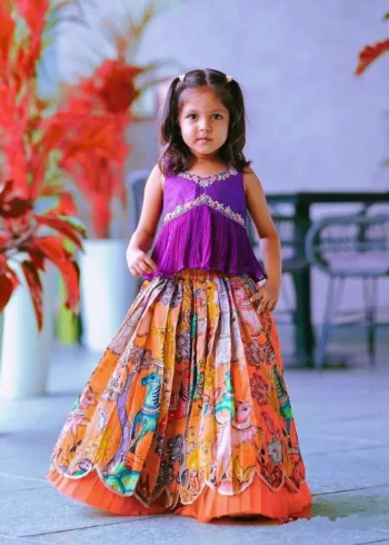 Chinon Silk Sequins Embroidered Kalamkari Lehenga for Kids Girls