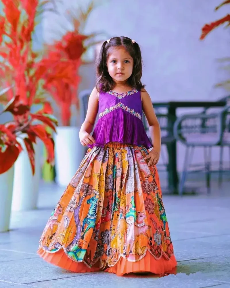 Chinon Silk Sequins Embroidered Kalamkari Lehenga for Kids Girls