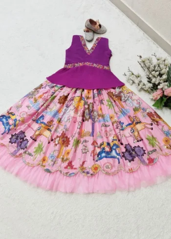 Chinon Silk Sequins Embroidered Kalamkari Lehenga for Kids Girls