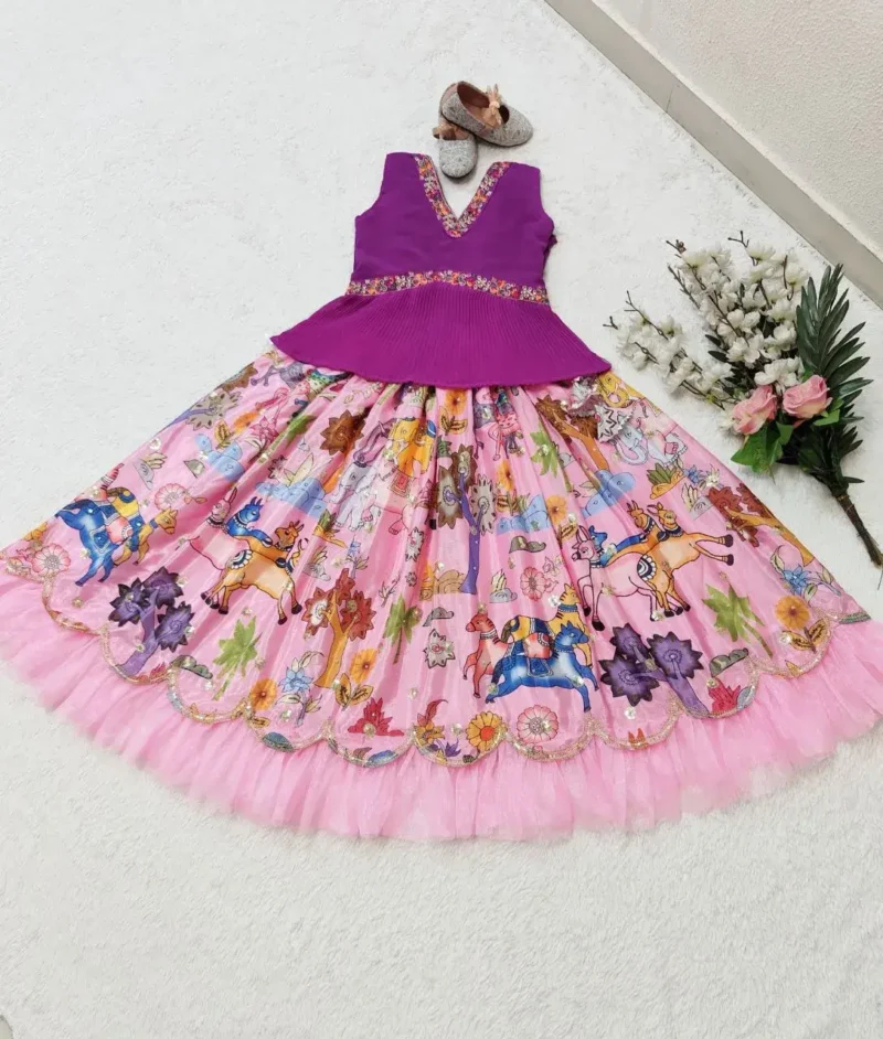 Chinon Silk Sequins Embroidered Kalamkari Lehenga for Kids Girls