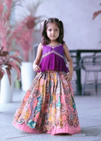 Chinon Silk Sequins Embroidered Kalamkari Lehenga for Kids Girls