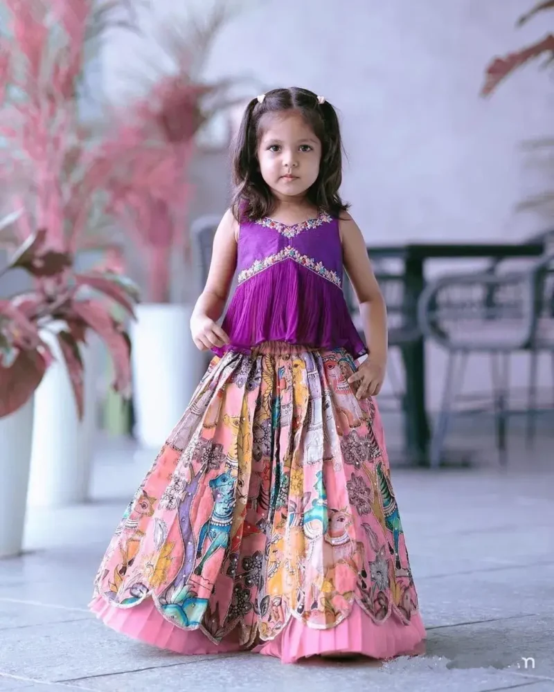 Chinon Silk Sequins Embroidered Kalamkari Lehenga for Kids Girls